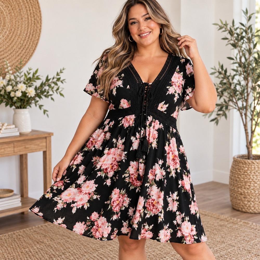 Torrid Floral Mini Dress Black Lace Up Crochet Trim‎ Gauze Size 0 L 12